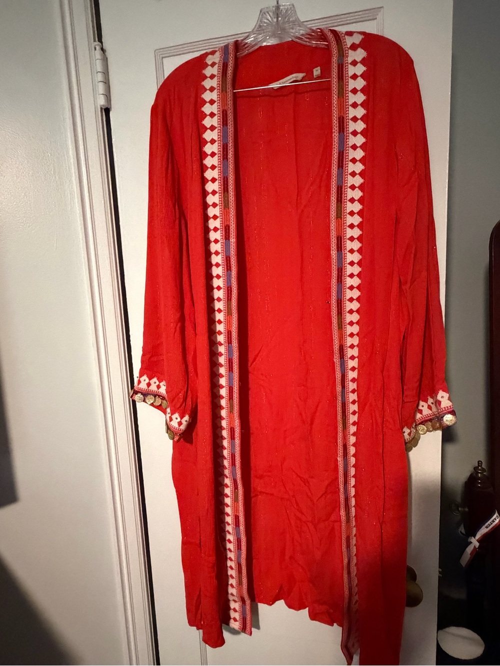 Soft Surroundings Red Embroidered Open-Front Long Sleeve Dress